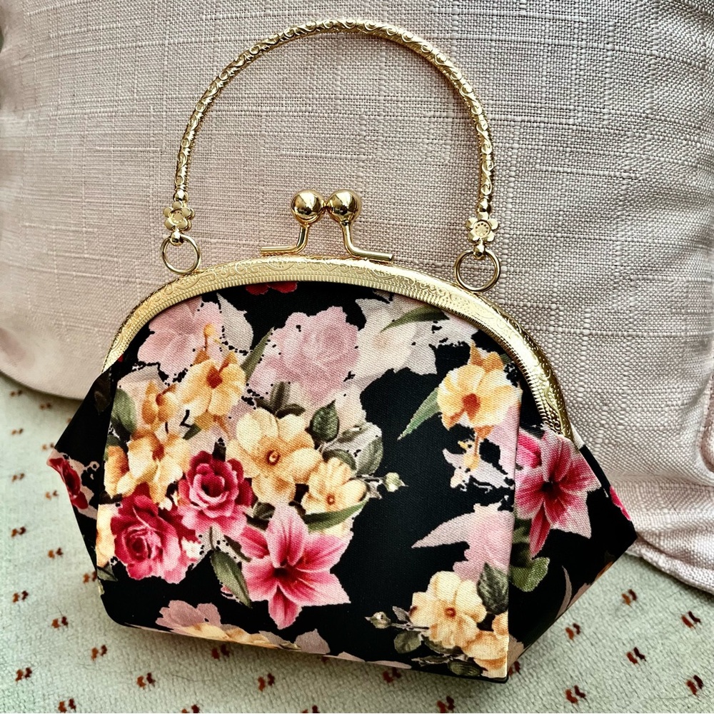 Floral Women’s Clutch With Gold Embossed Hoop Handle and Kiss Lock - Vintage